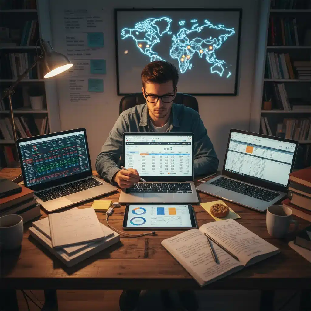 Person researching market data and salary benchmarks for negotiation preparation.