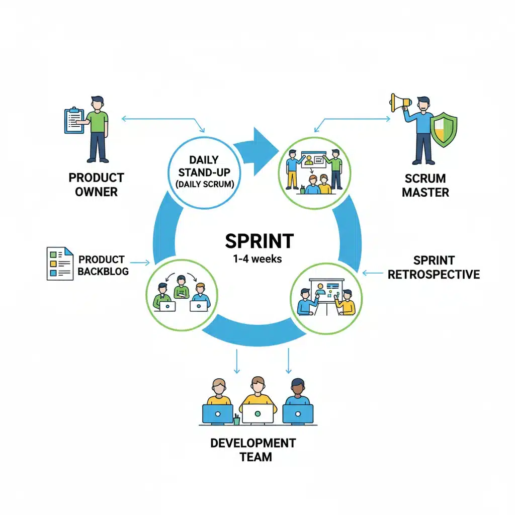 Diagram illustrating the Scrum framework cycle and roles