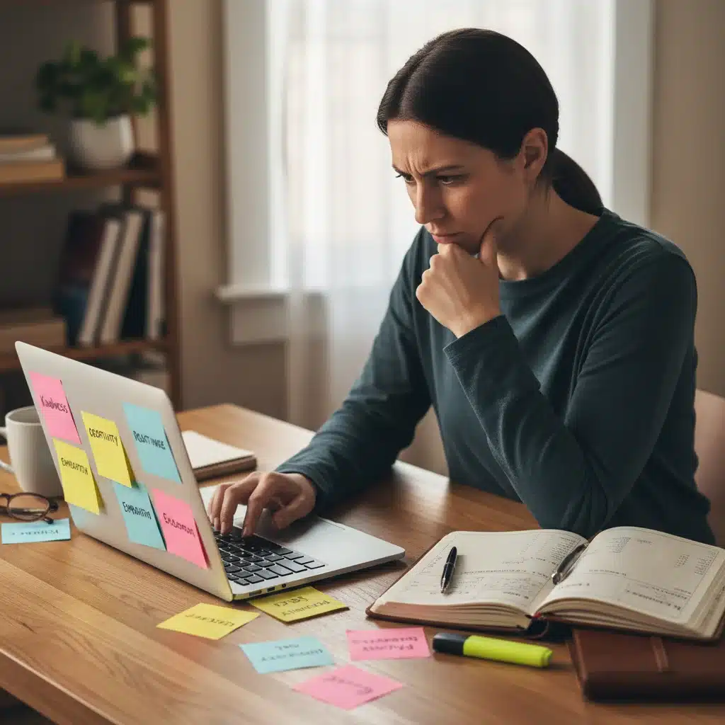 Professional reflecting on strengths and values for personal brand definition.