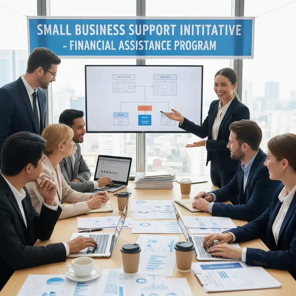 Small business owners receiving guidance on government financial assistance programs.