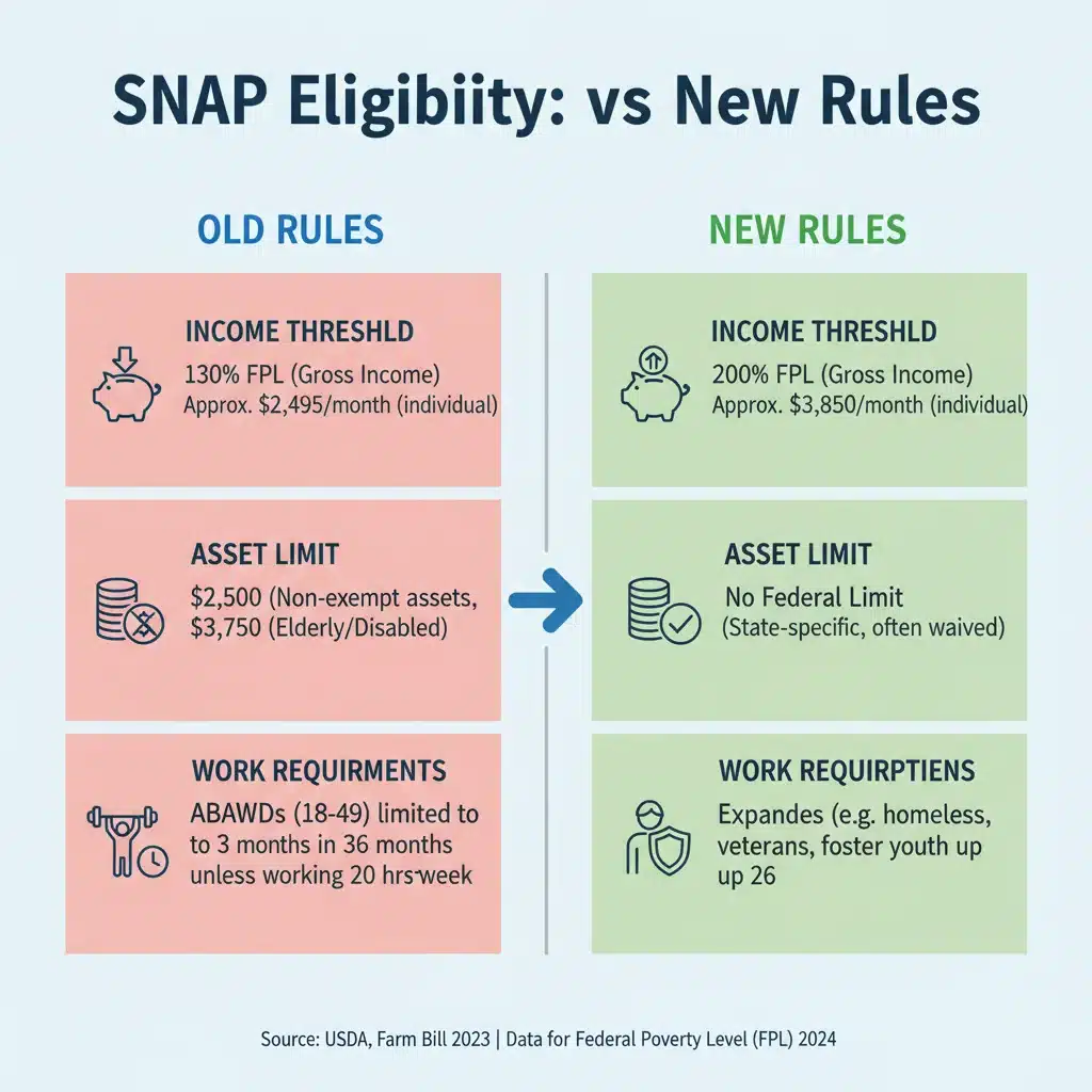 Infographic comparing old and new SNAP eligibility rules
