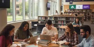 Diverse students studying in a modern college library, symbolizing academic success with financial aid.