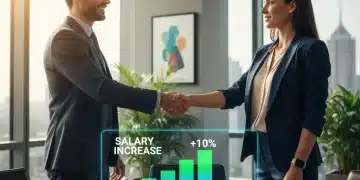 Two professionals successfully negotiating a 10% salary increase in a modern office.
