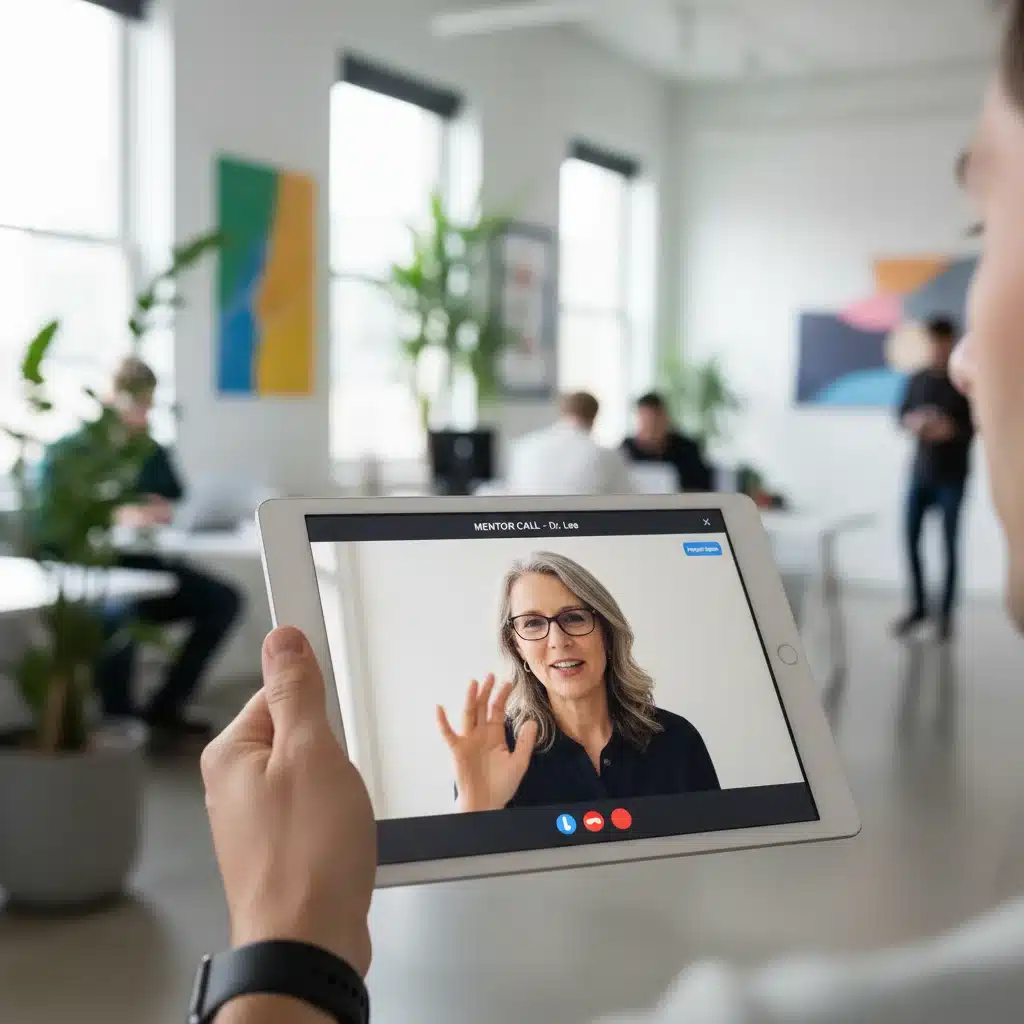 Person on a tablet video call with a mentor, demonstrating active digital mentorship interaction.