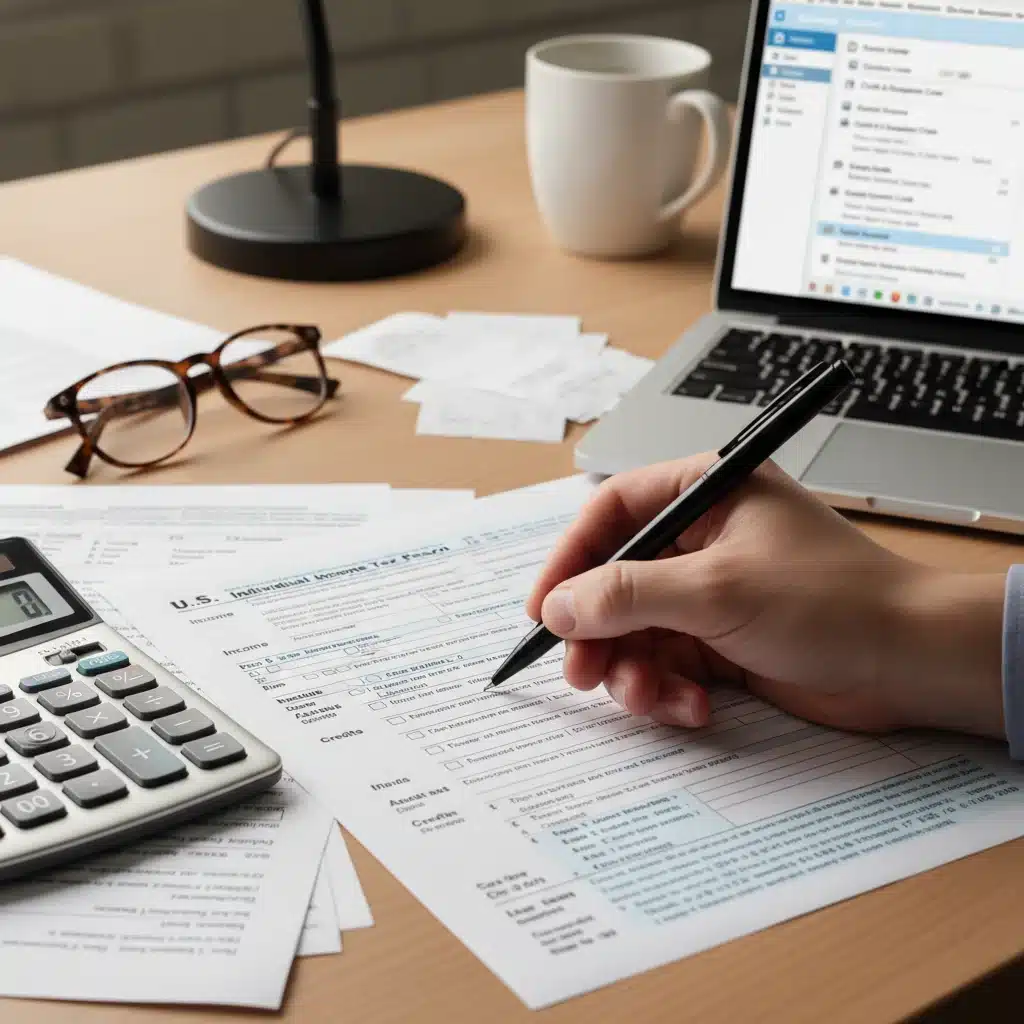 Person meticulously filling out tax forms for child tax credit