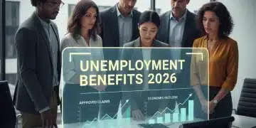 People reviewing unemployment benefit information for 2026 on a digital screen