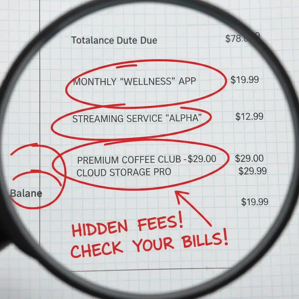 Close-up of a credit card statement with highlighted unexpected recurring charges, illustrating unwanted subscription fees.