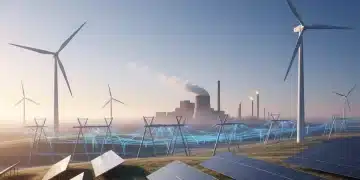 Solar panels and wind turbines against a clear sky, symbolizing the US energy transition