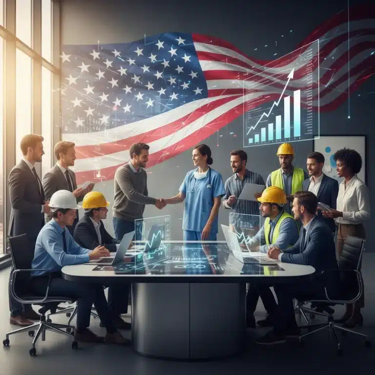 Diverse professionals celebrating strong US job growth in October