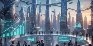 Futuristic cityscape with data overlays symbolizing the U.S. job market in 2026.