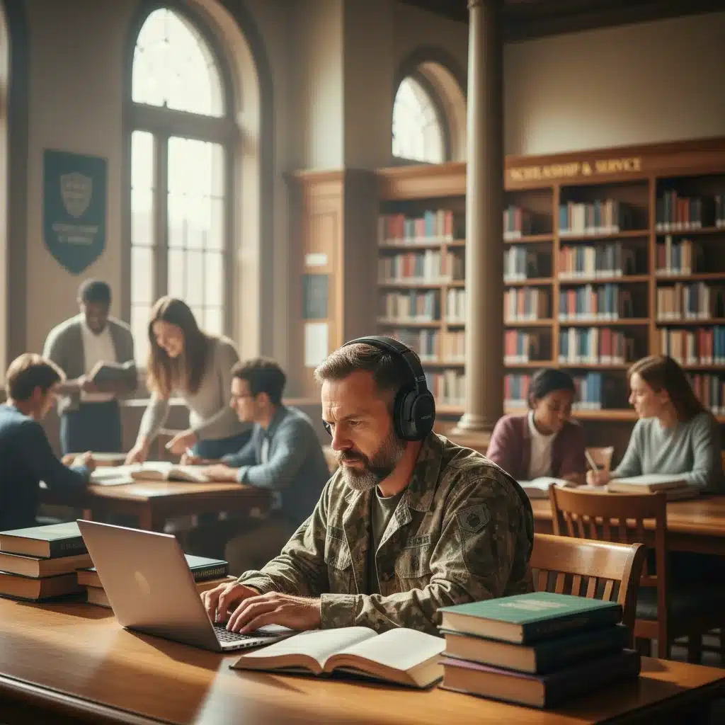 Veteran student studying diligently in a university library, utilizing education benefits.