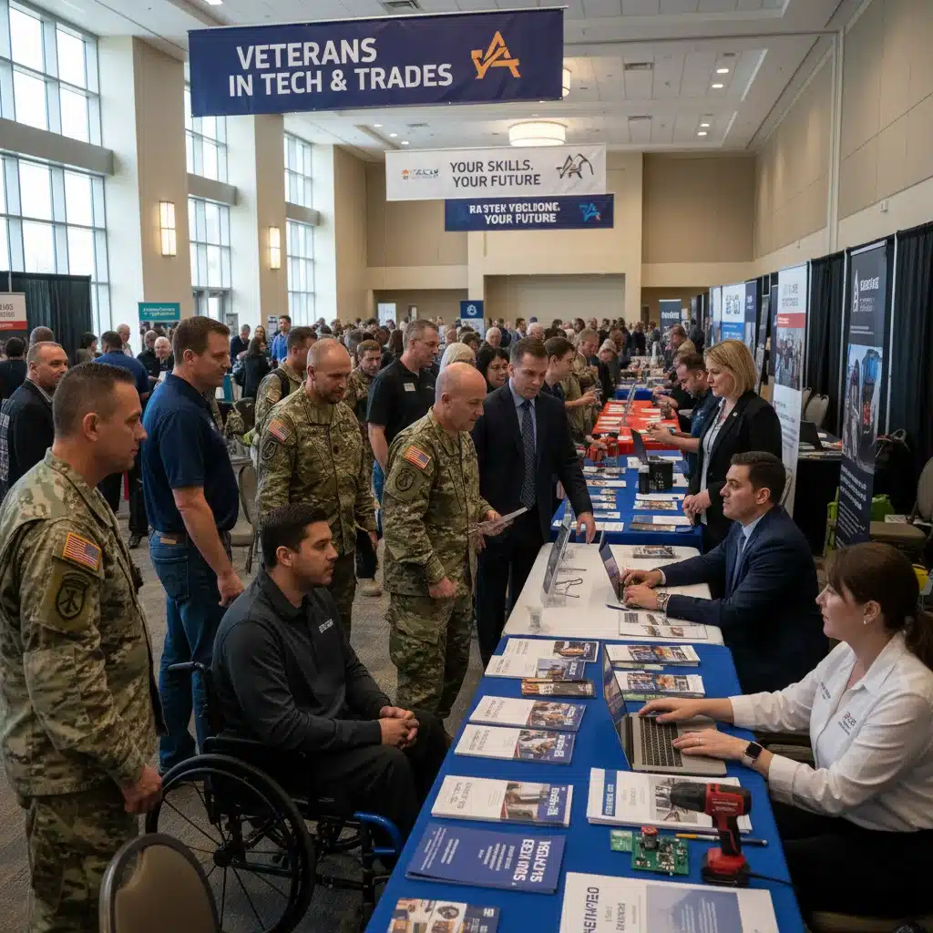 Veterans at a job fair exploring new employment opportunities and career resources