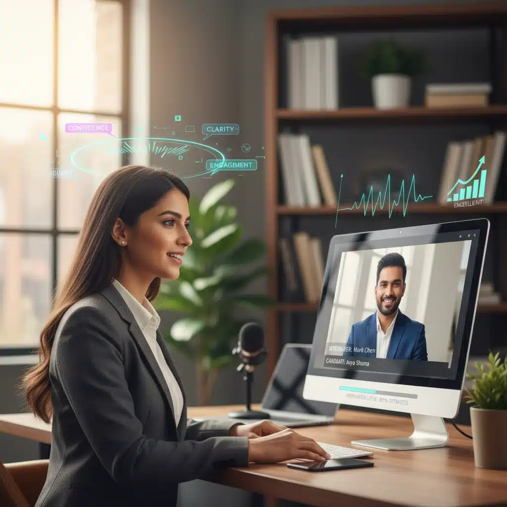 Job candidate excelling in a virtual interview with AI support.