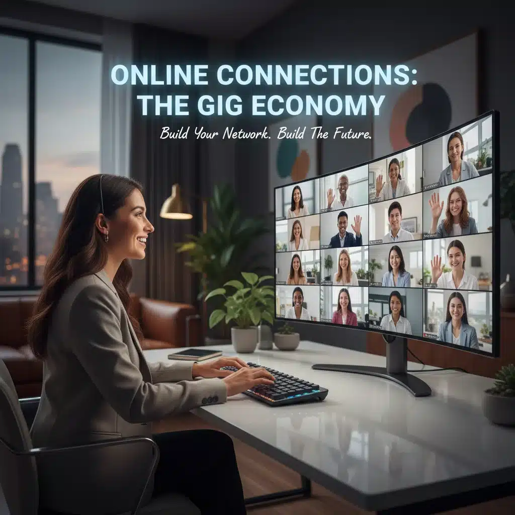 Individual networking virtually, engaging with multiple video calls on a screen.