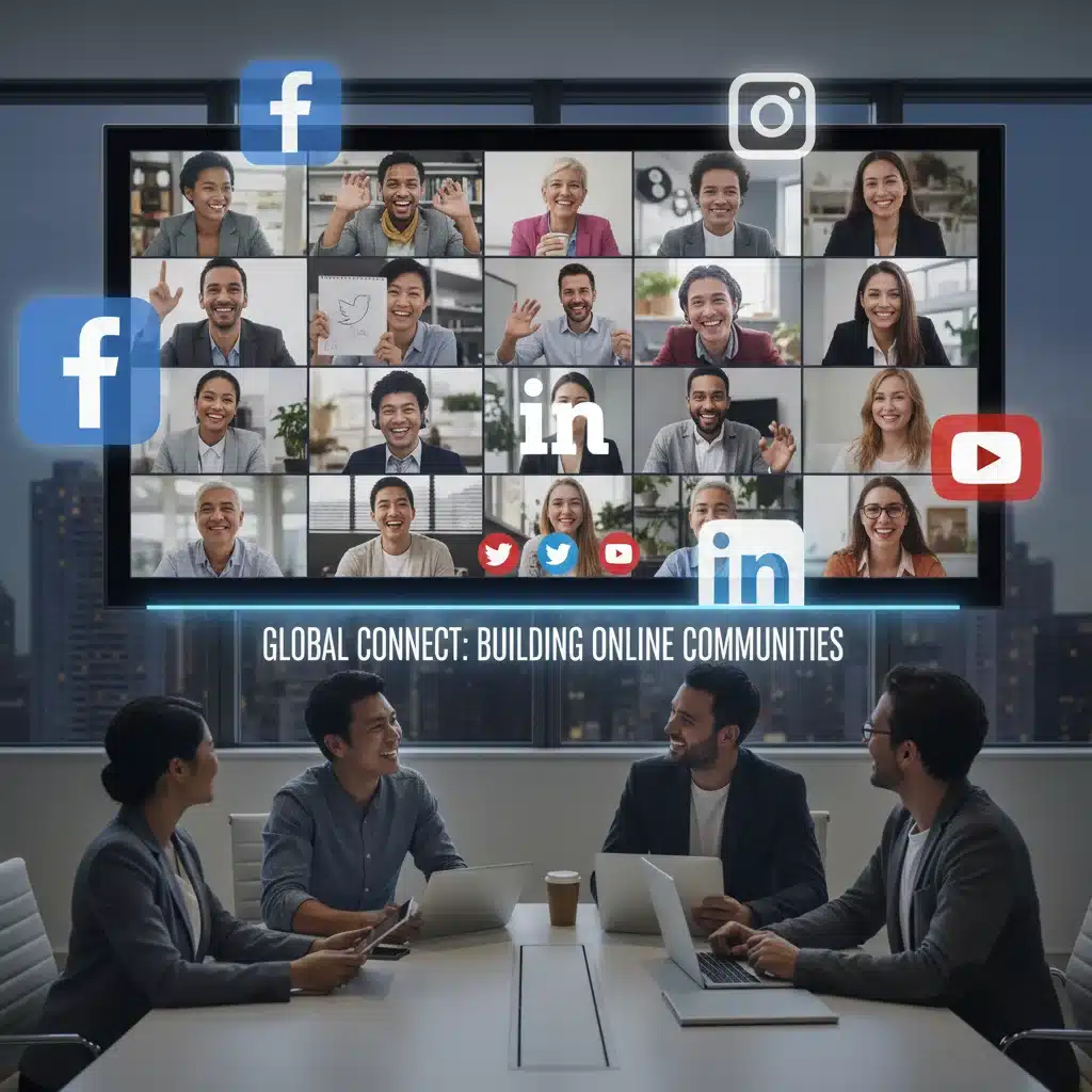 Diverse professionals engaging in a virtual networking meeting, fostering online connections.