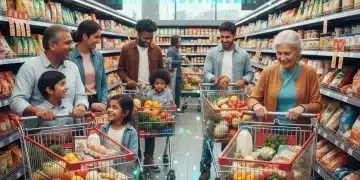 Diverse shoppers in grocery store, symbolizing 2026 SNAP benefit access and healthy food choices.
