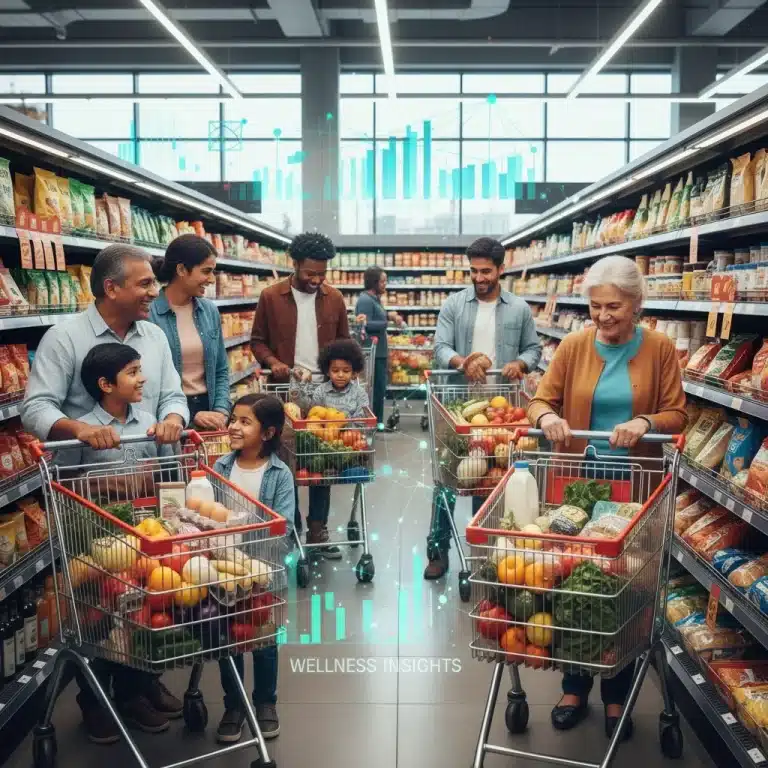 Diverse shoppers in grocery store, symbolizing 2026 SNAP benefit access and healthy food choices.