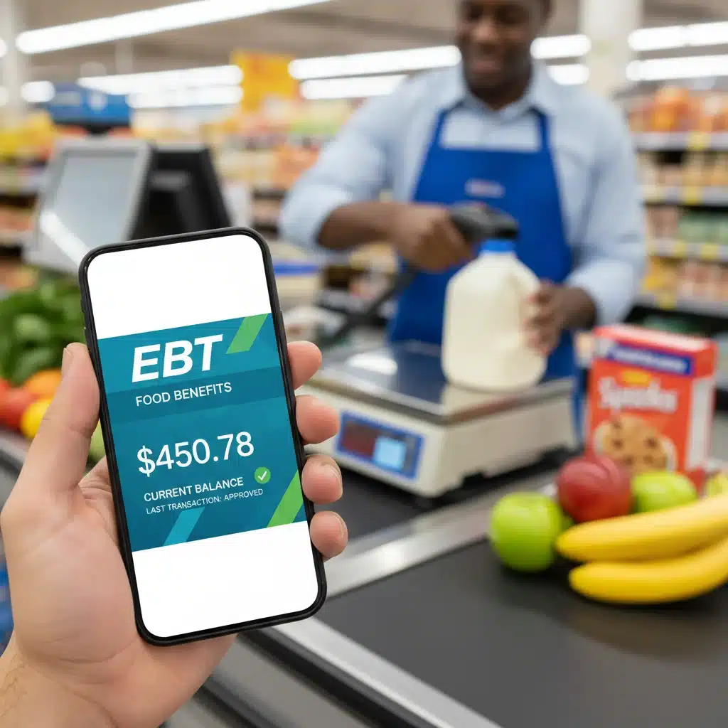 Digital EBT card on smartphone, showing increased SNAP benefits at a grocery checkout.