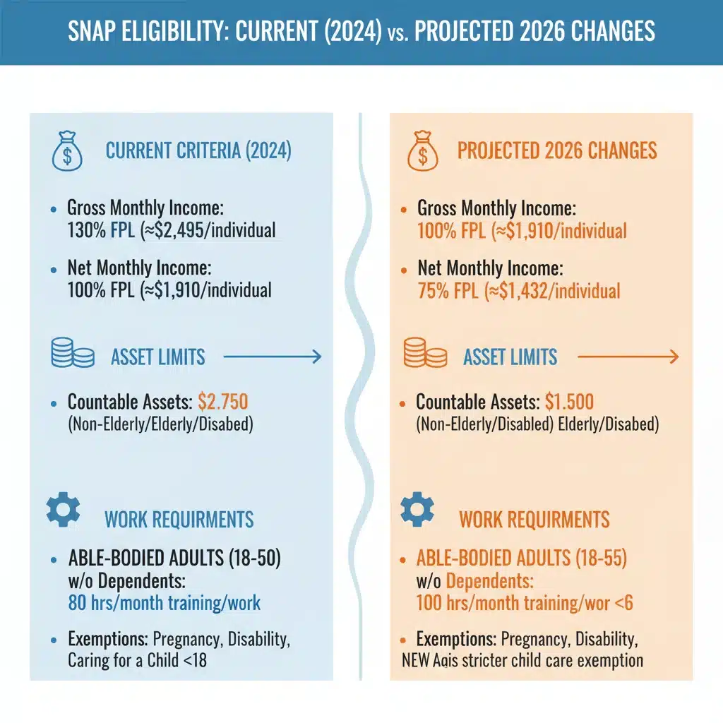 Infographic comparing current and 2026 SNAP eligibility criteria, showing changes in income and asset limits.